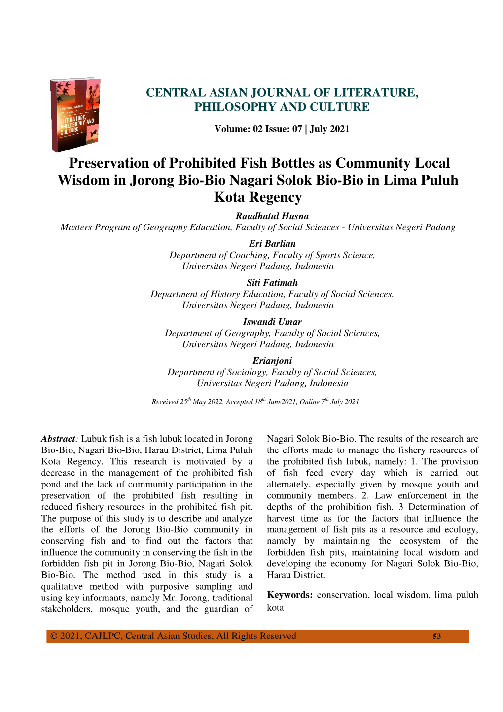 Preservation of Prohibited Fish Bottles As Community Local Wisdom in Jorong Bio-Bio Nagari Solok Bio-Bio in Lima Puluh Kota Rege