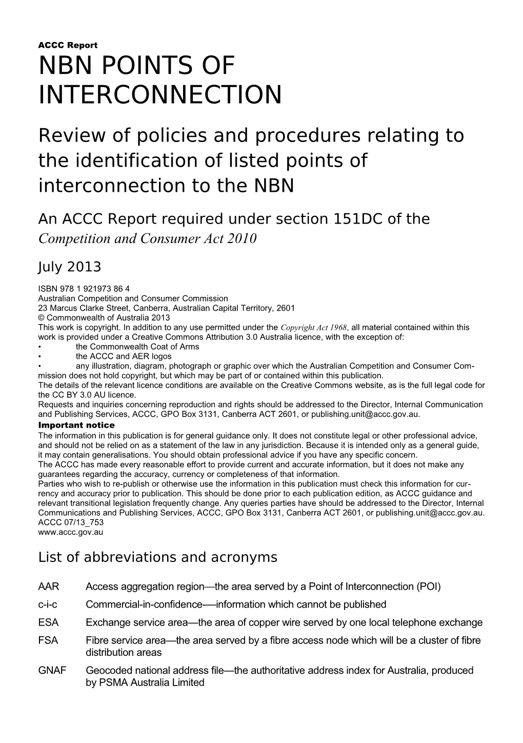 An ACCC Report Required Under Section 151DC of the Competition and Consumer Act 2010