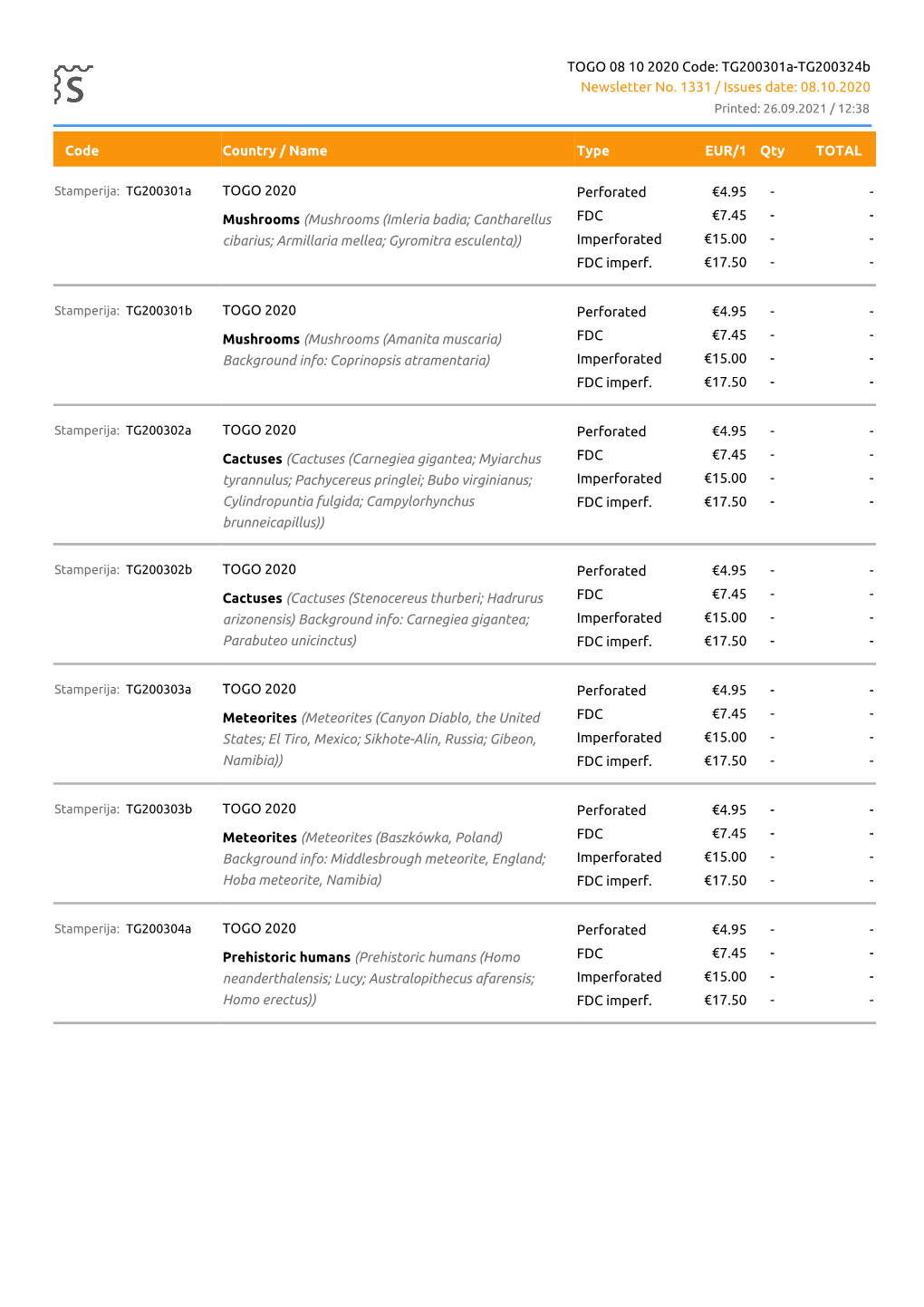 Price List of TOGO 08 10 2020 Code: Tg200301a