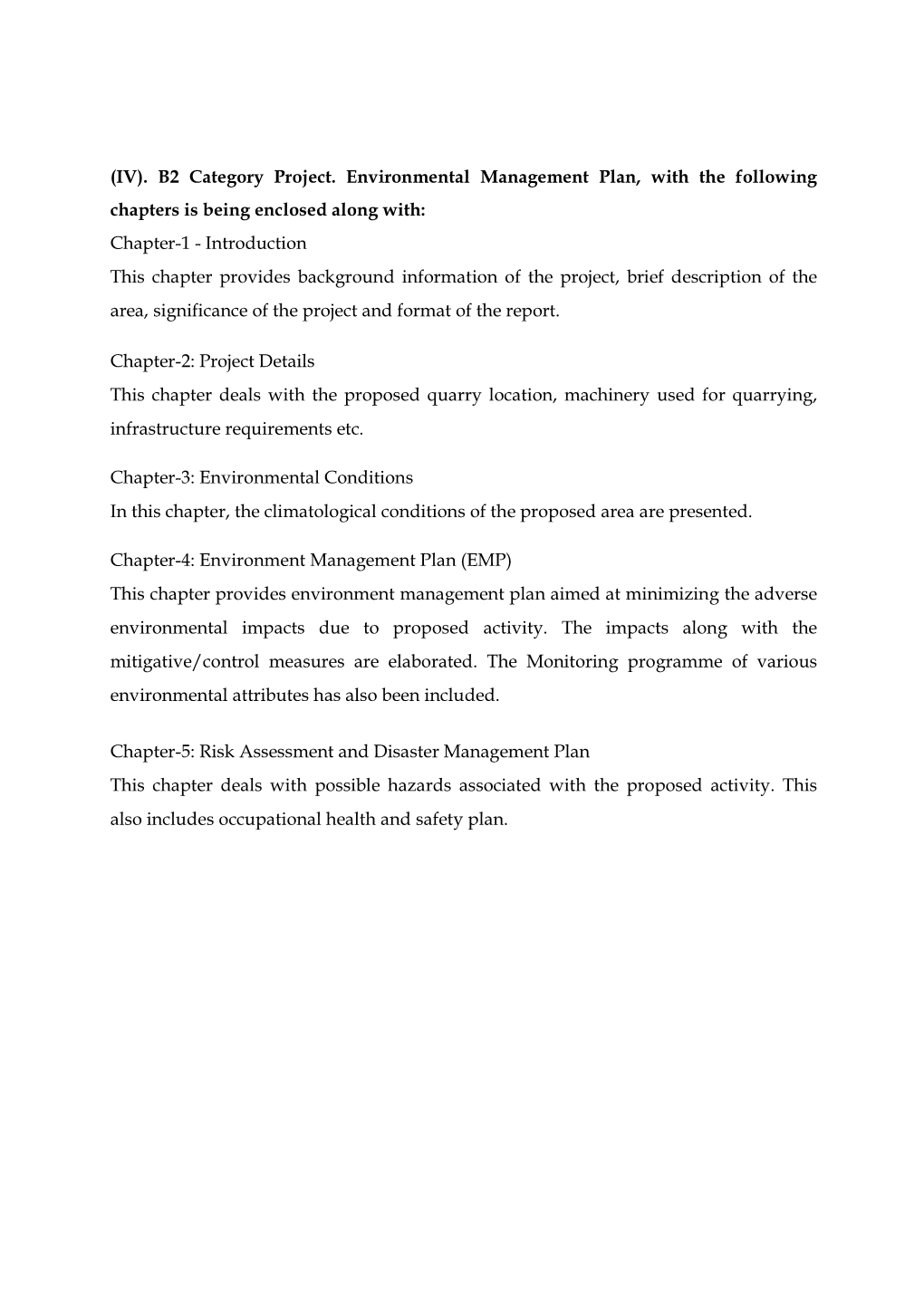 B2 Category Project. Environmental Management Plan, with the Following Chapters Is Being Enclosed Along With