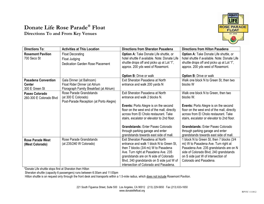 Donate Life Rose Parade® Float Directions to and from Key Venues