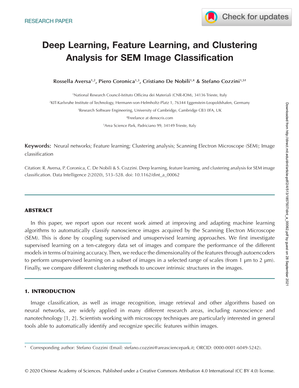 Deep Learning, Feature Learning, and Clustering Analysis for SEM Image Classification