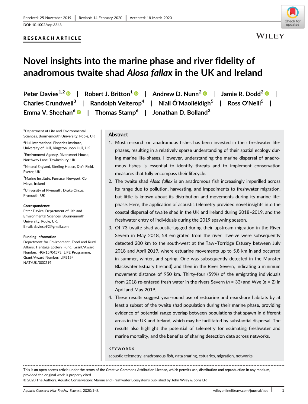 Novel Insights Into the Marine Phase and River Fidelity of Anadromous Twaite Shad Alosa Fallax in the UK and Ireland
