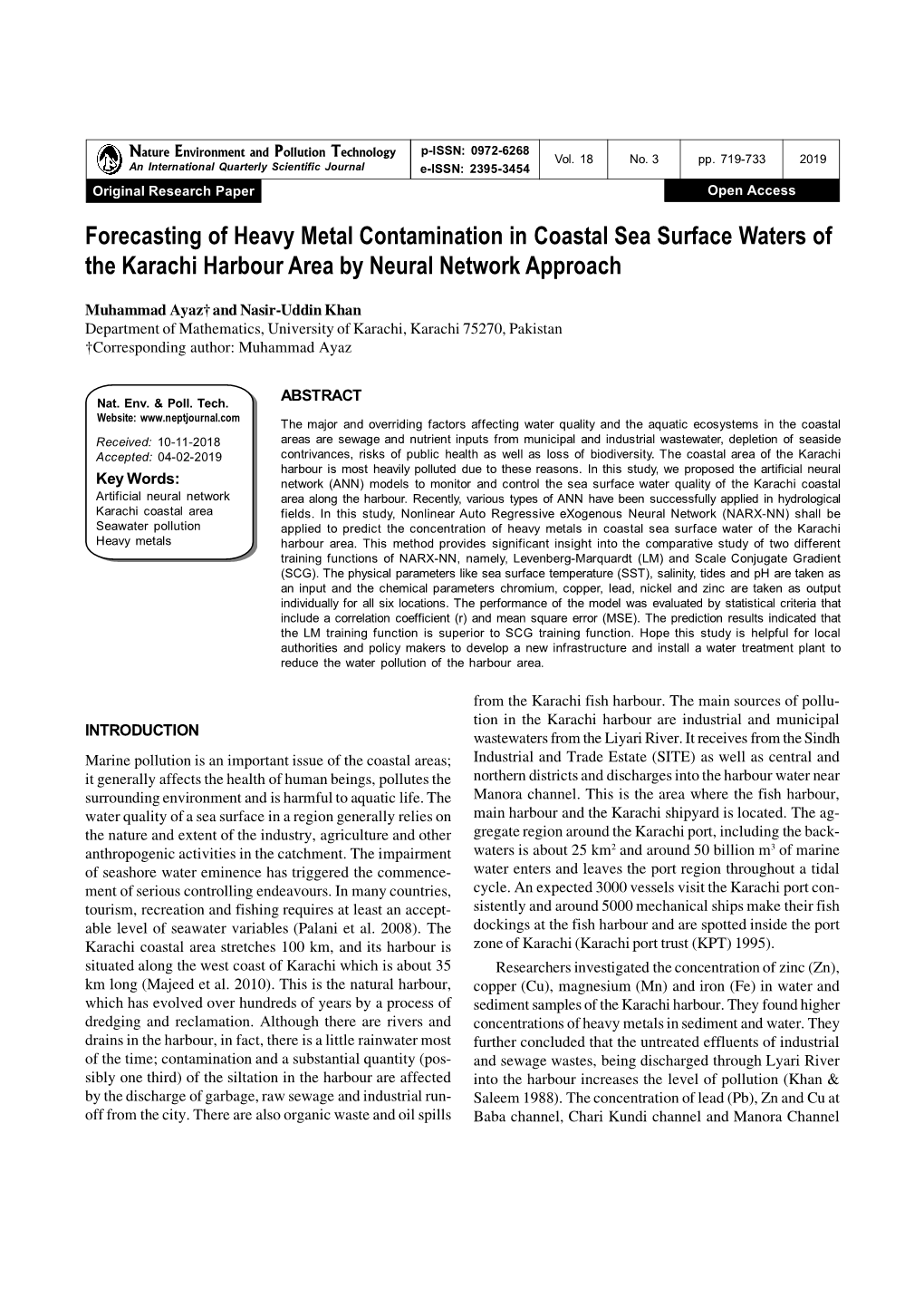 Forecasting of Heavy Metal Contamination in Coastal Sea Surface Waters of the Karachi Harbour Area by Neural Network Approach