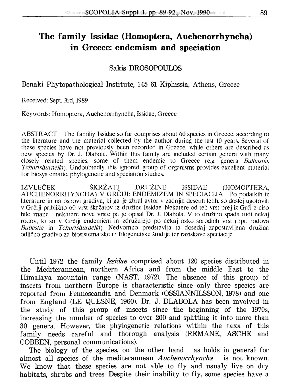 The Family Issidae (Homoptera, Auchenorrhyncha) in Greece: Endemism and Spéciation