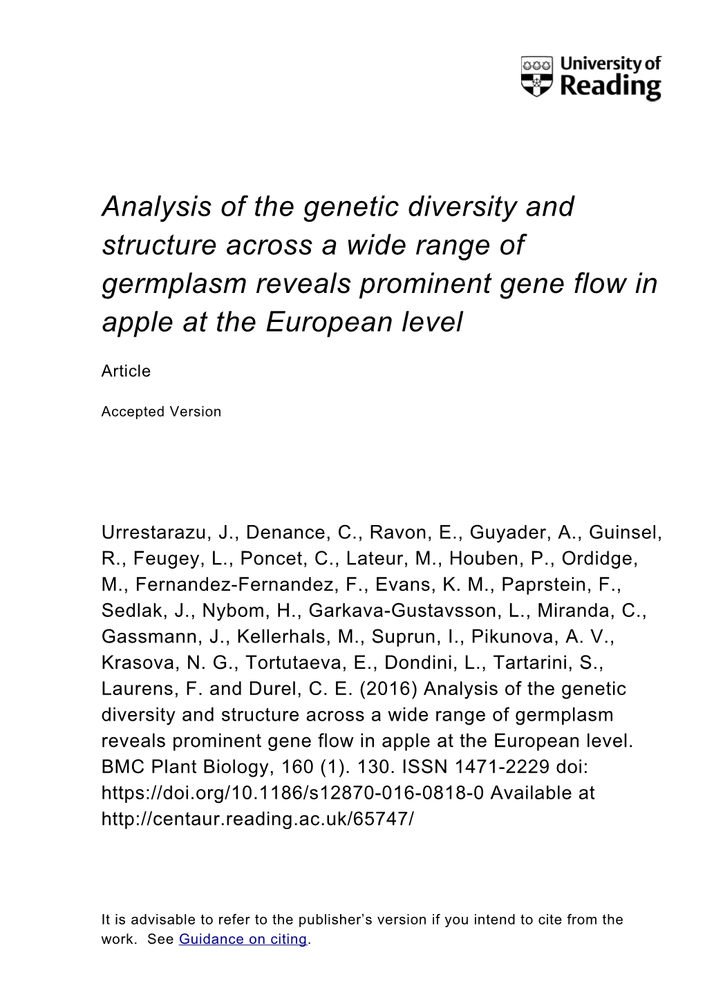 Analysis of the Genetic Diversity and Structure Across a Wide Range of Germplasm Reveals Prominent Gene Flow in Apple at the European Level