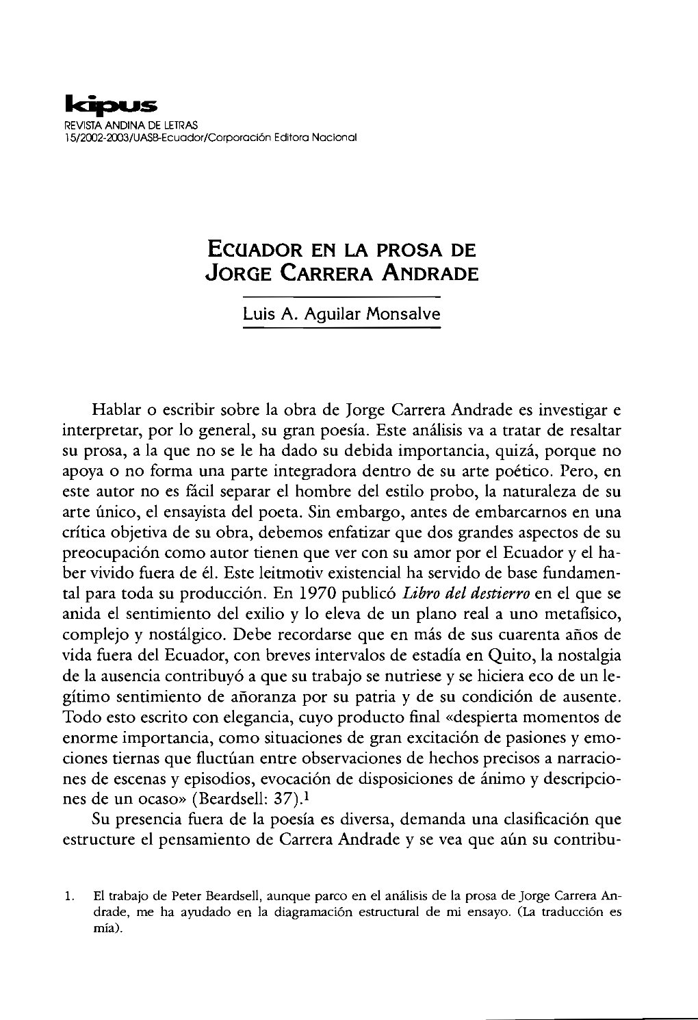 ECUADOR EN LA PROSA DE JORGE CARRERA ANDRADE Hablar O