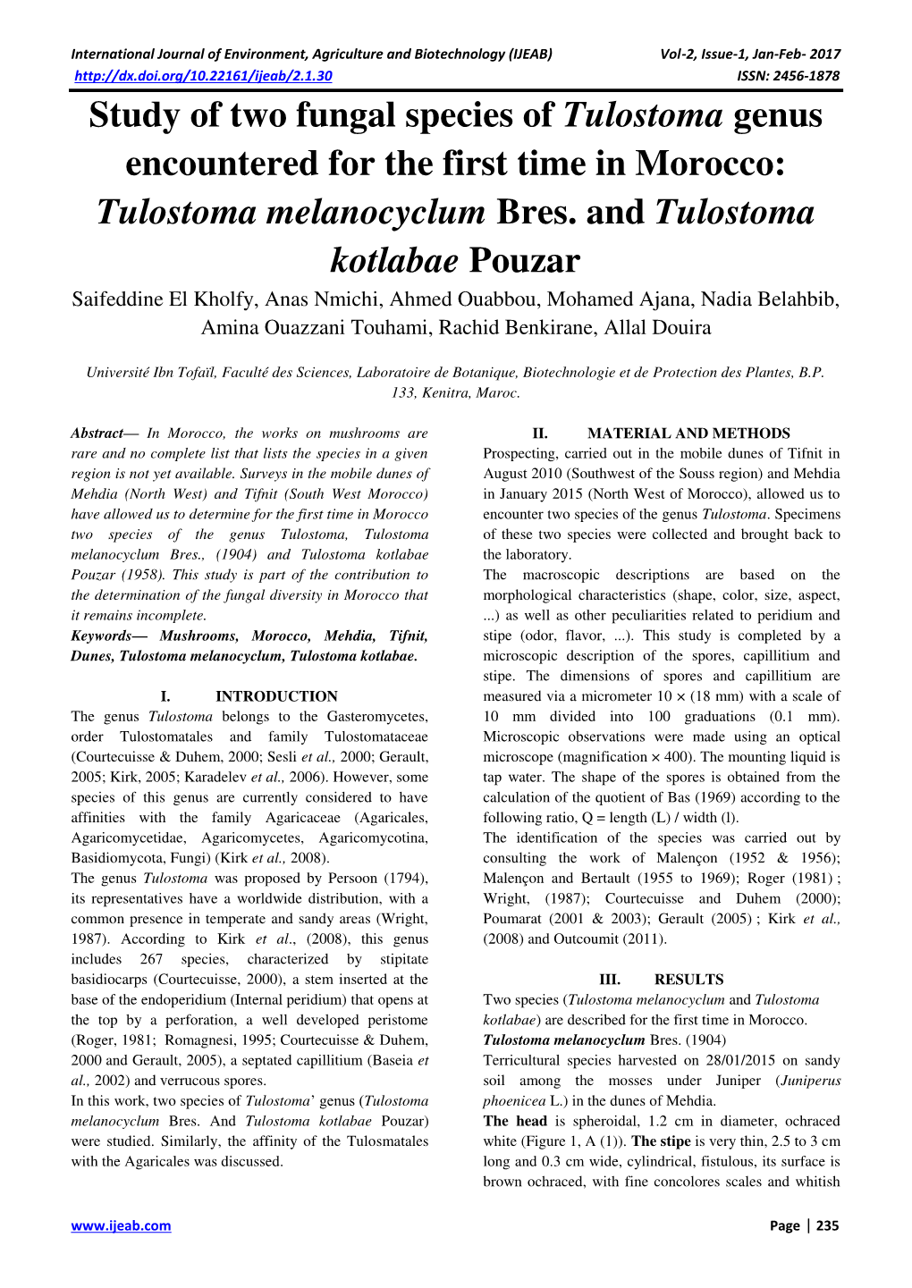 Study of Two Fungal Species of Tulostoma Genus Encountered for the First Time in Morocco: Tulostoma Melanocyclum Bres