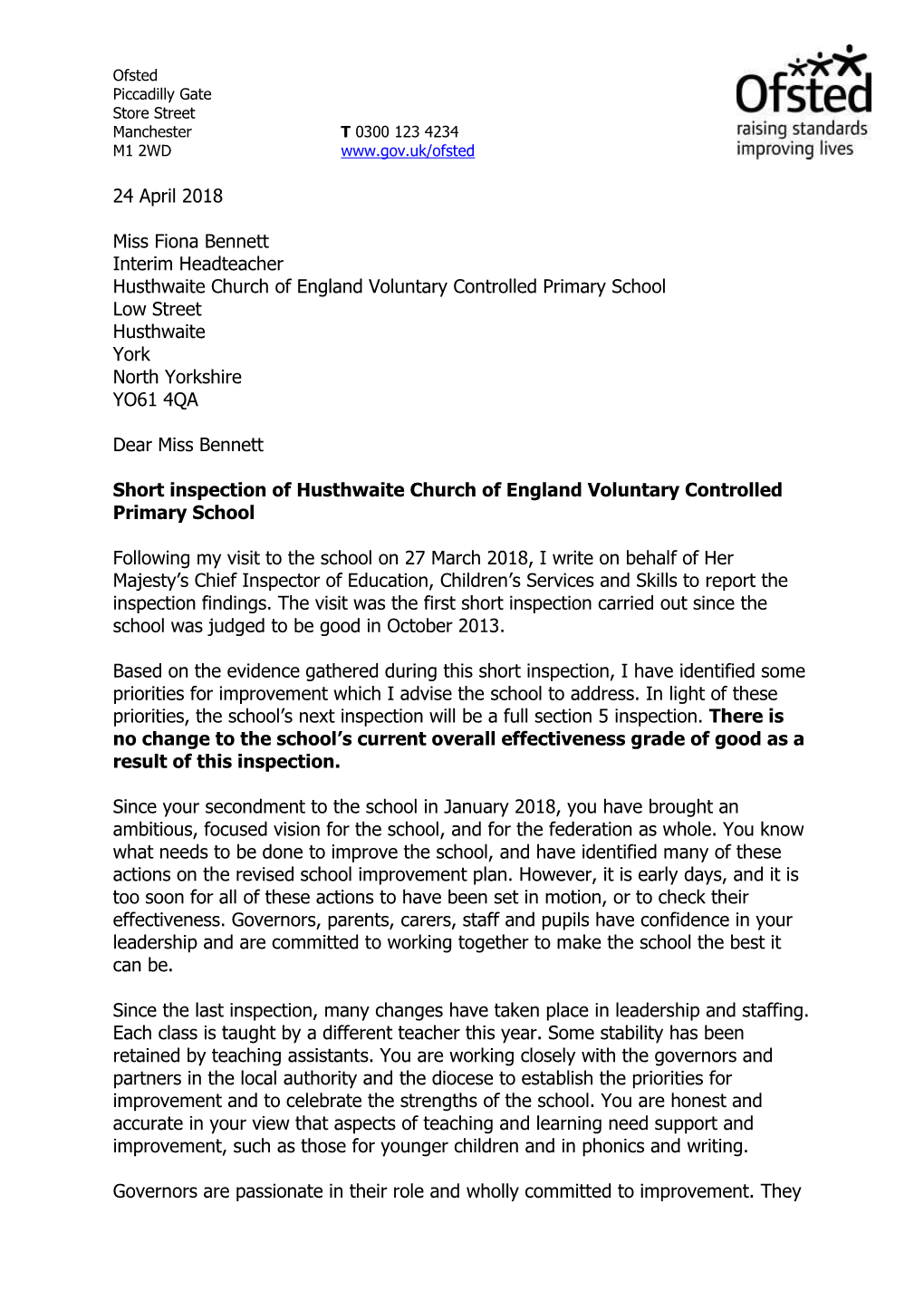 24 April 2018 Miss Fiona Bennett Interim Headteacher Husthwaite