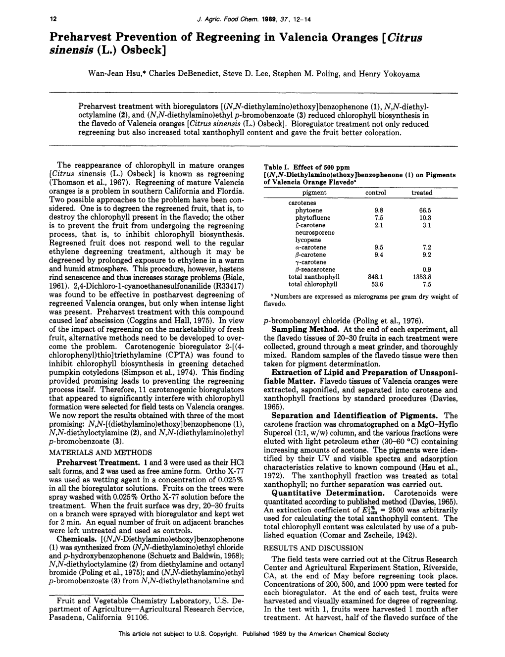 Preharvest Prevention of Regreening in Valencia Oranges [Citrus Sinensis (L.) Osbeck]