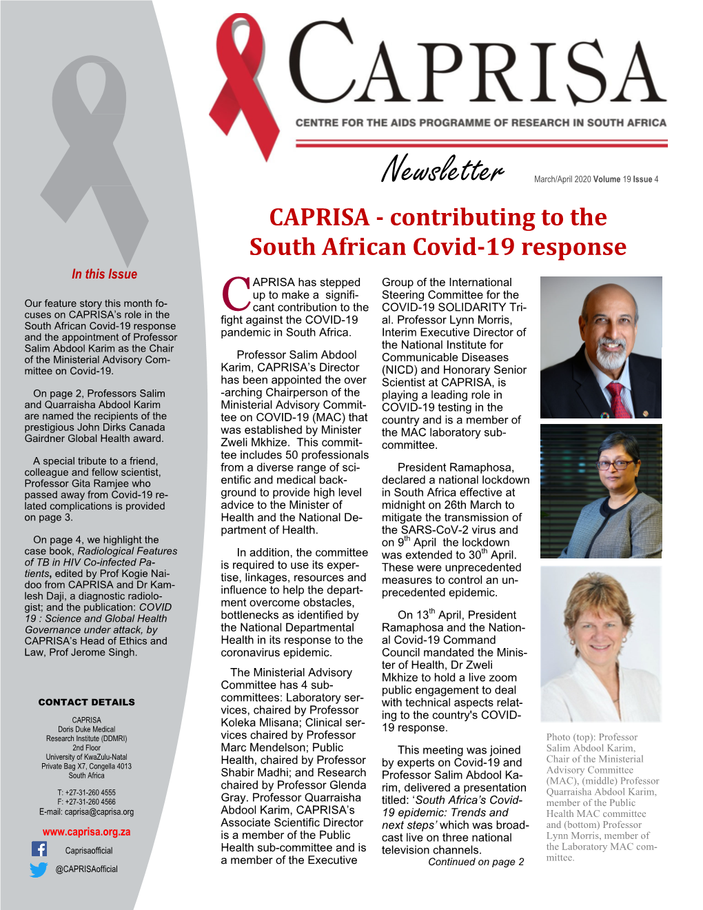 Newsletter March/April 2020 Volume 19 Issue 4 CAPRISA - Contributing to The