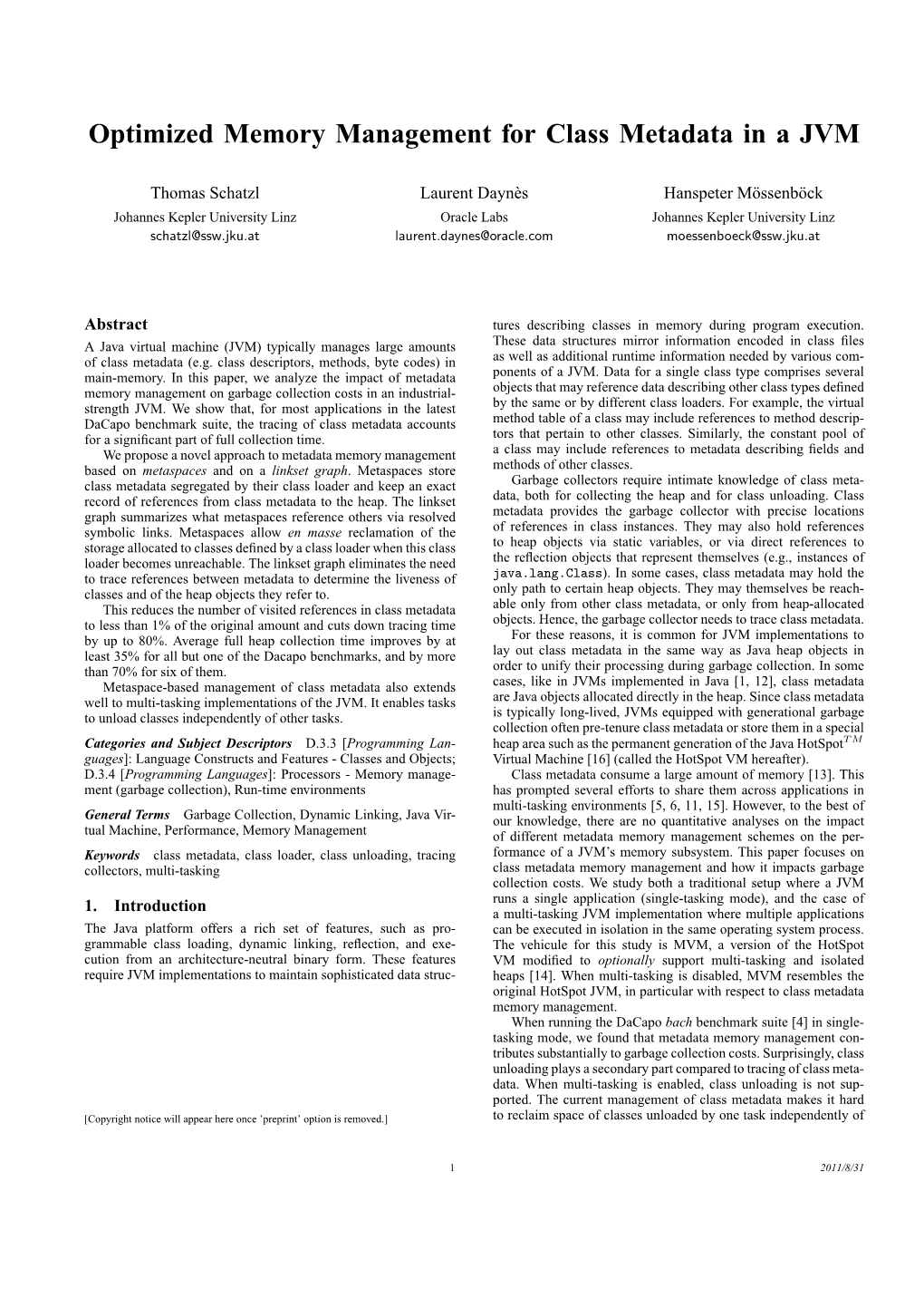 Optimized Memory Management for Class Metadata in a JVM