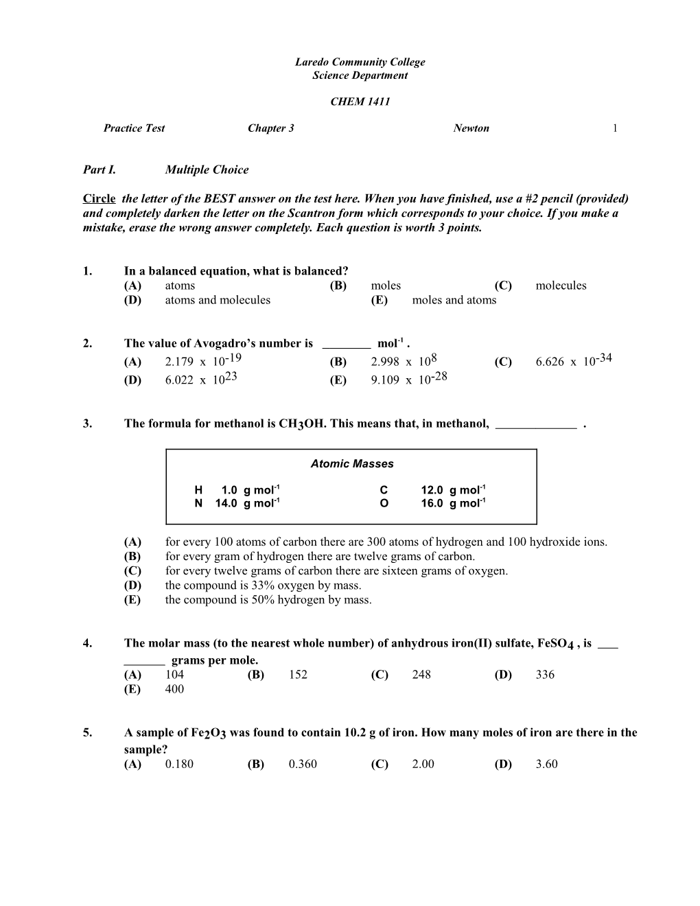 CHEM 1411 Chapter 3 Practice Test Newton 5