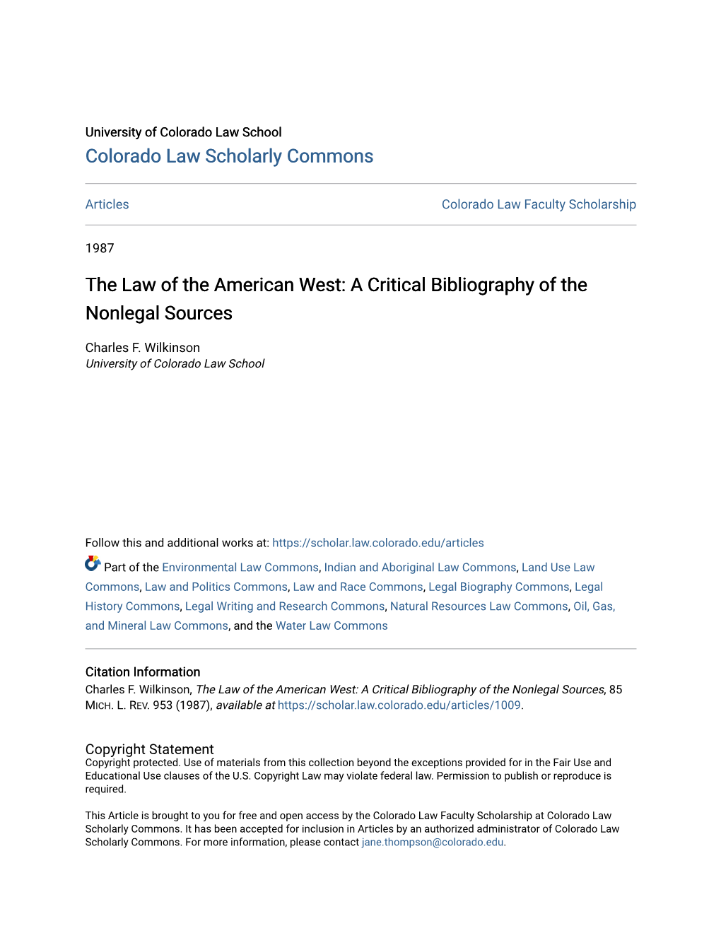 The Law of the American West: a Critical Bibliography of the Nonlegal Sources