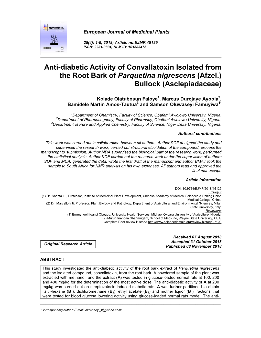 Anti-Diabetic Activity of Convallatoxin Isolated from the Root Bark of Parquetina Nigrescens (Afzel.) Bullock (Asclepiadaceae)