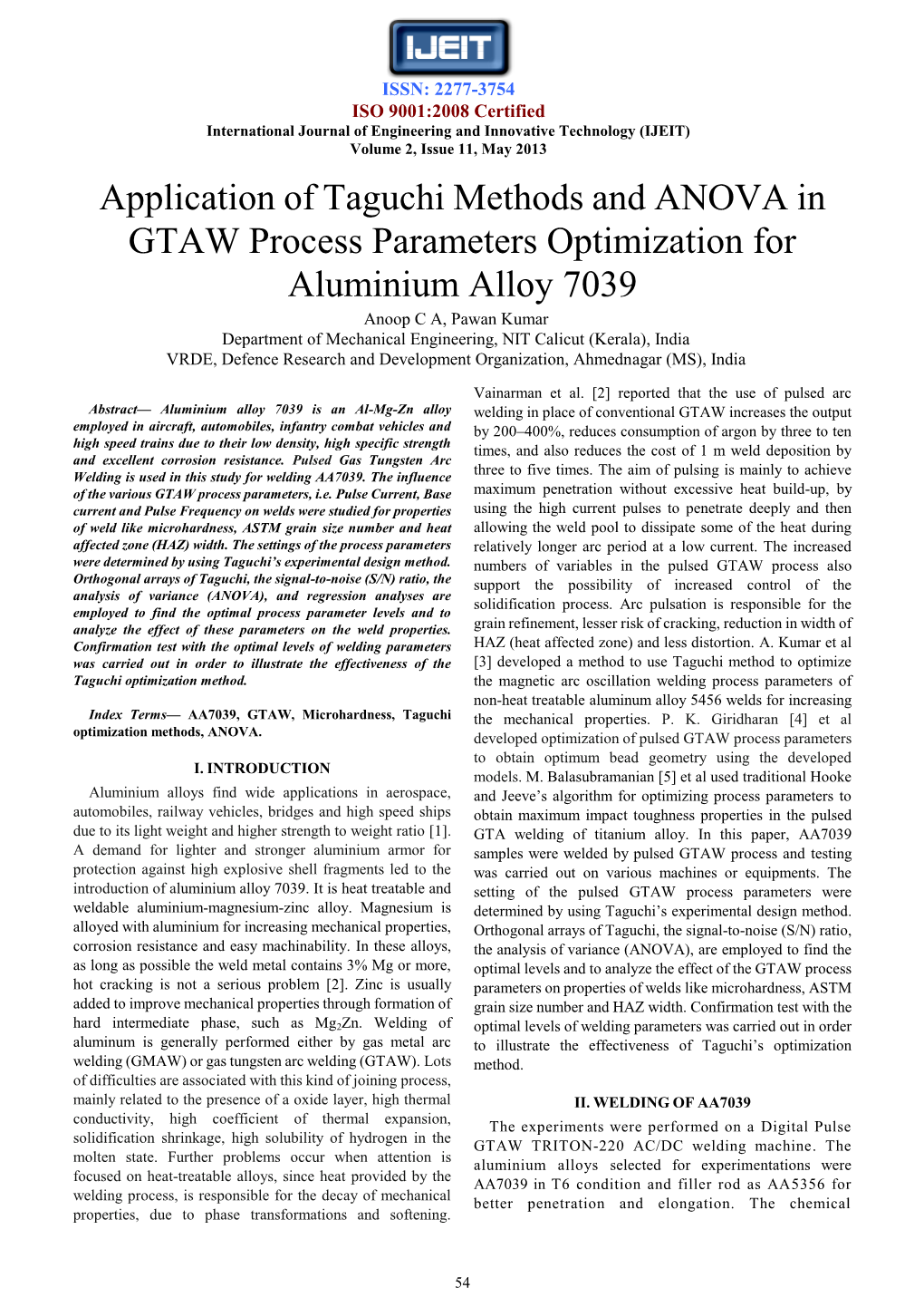 Application of Taguchi Methods and ANOVA in GTAW Process