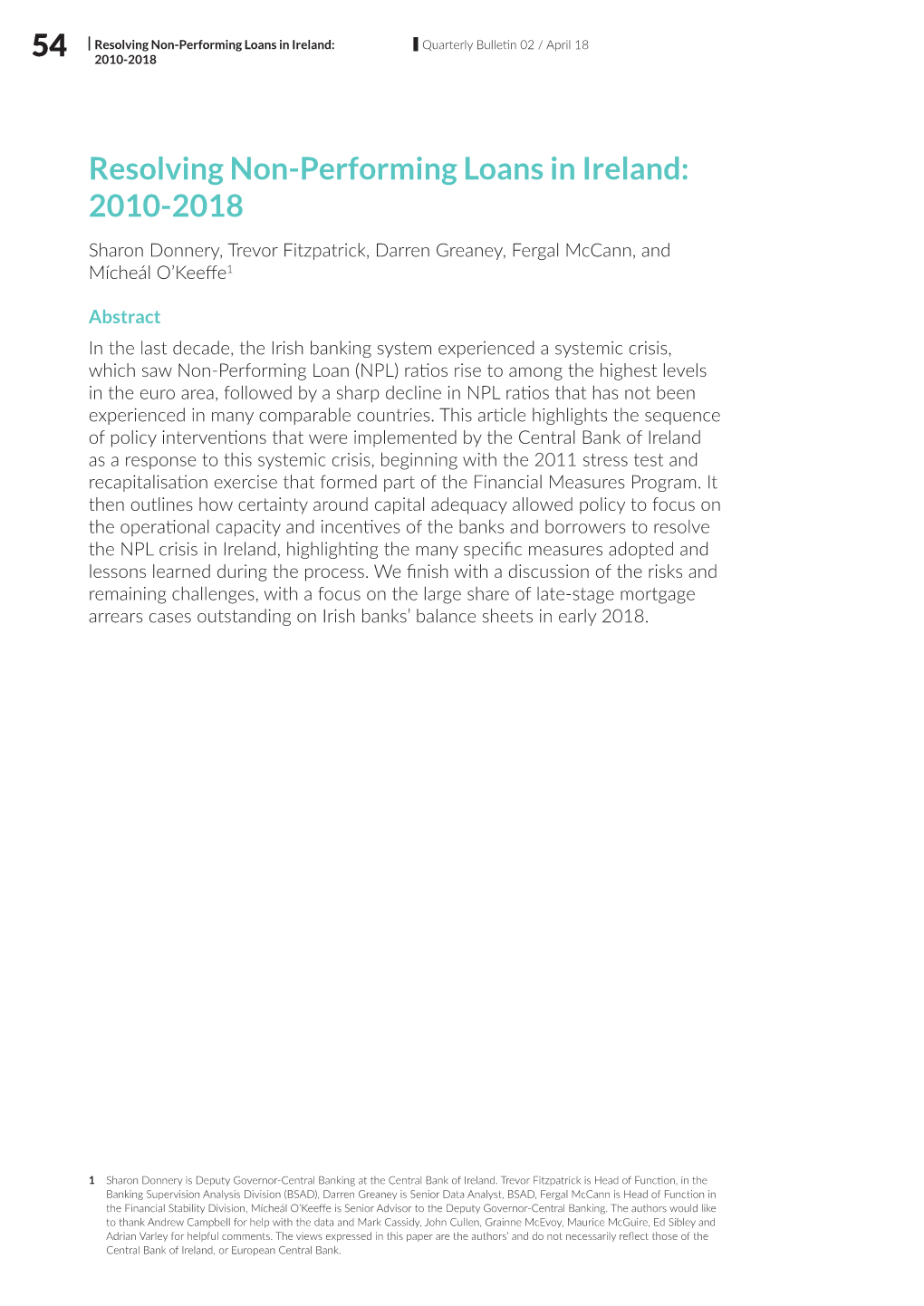 Resolving Non-Performing Loans in Ireland: 2010-2018 (Central Bank)