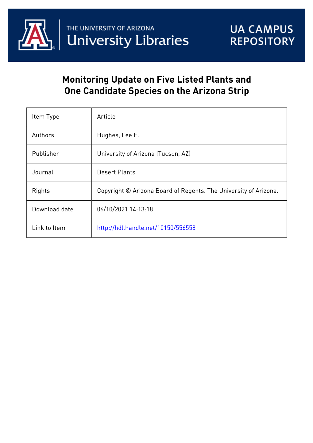 Monitoring Update on Five Listed Plants and One Candidate Species on the Arizona Strip