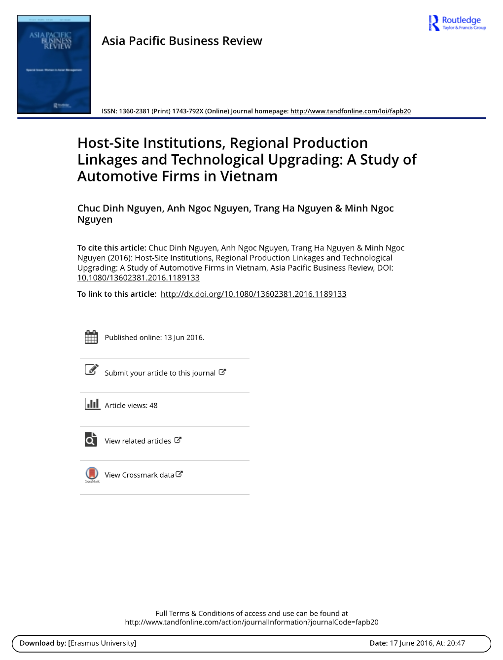 Host-Site Institutions, Regional Production Linkages and Technological Upgrading: a Study of Automotive Firms in Vietnam