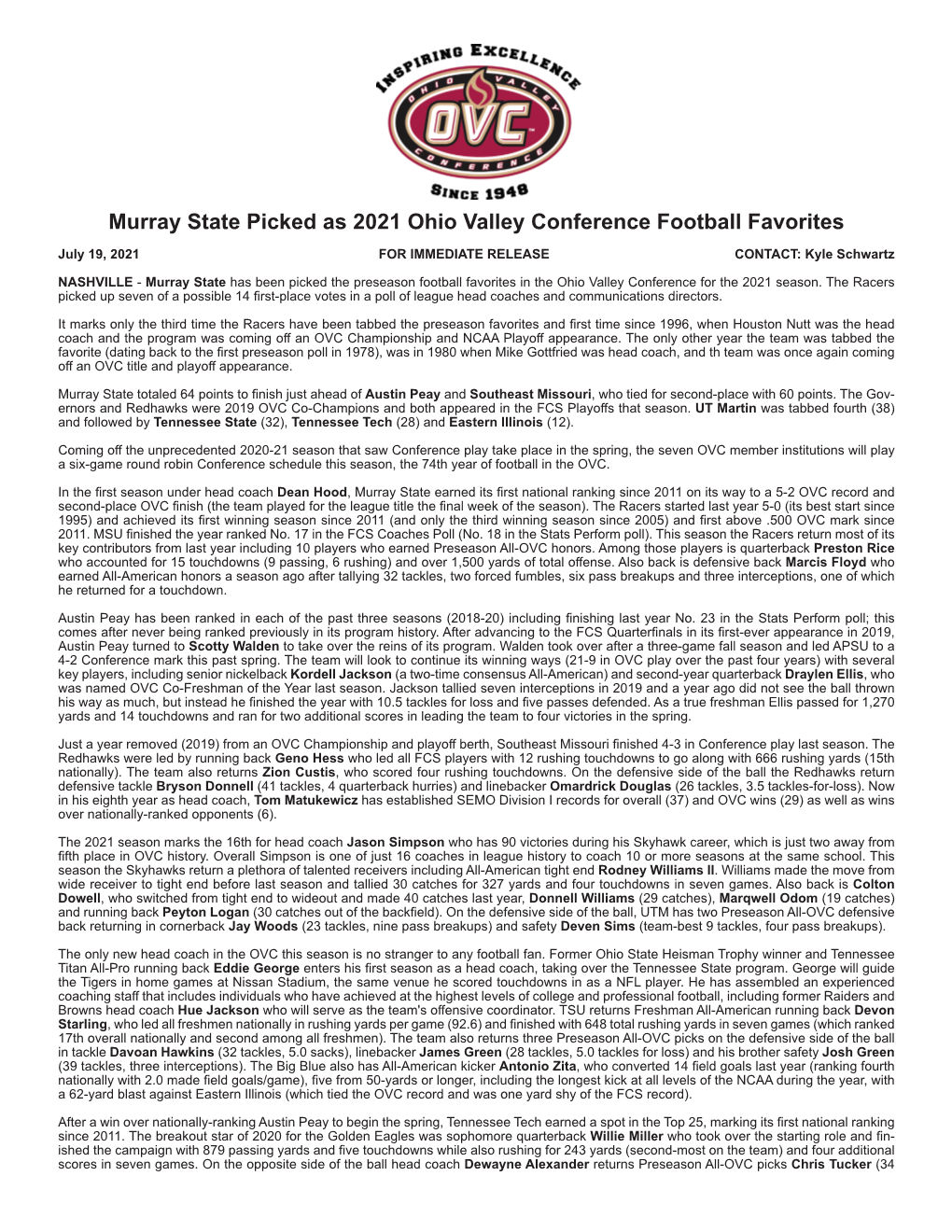 2021 OVC Preseason Football Release.Indd