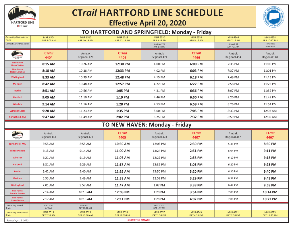 Ctrail HARTFORD LINE SCHEDULE