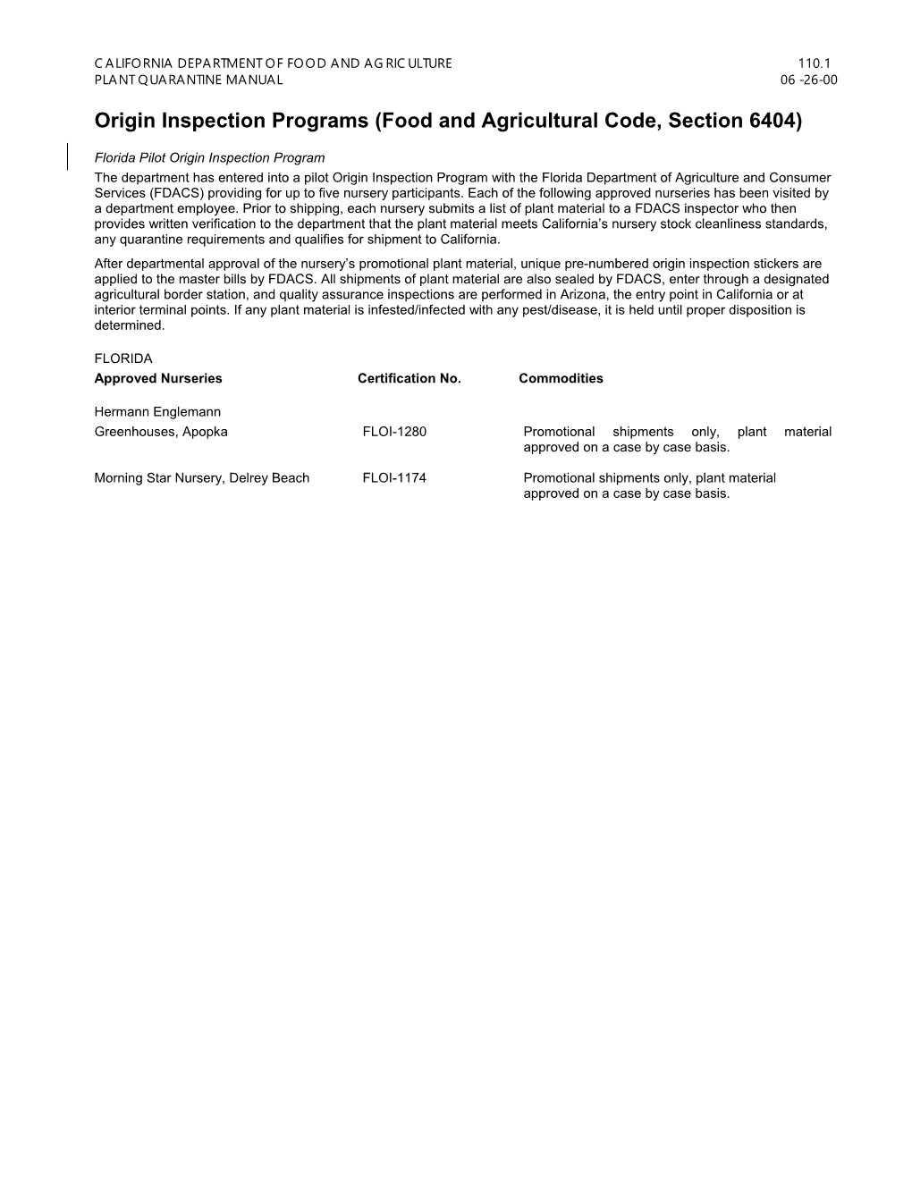 Origin Inspection Programs (Food and Agricultural Code, Section 6404)