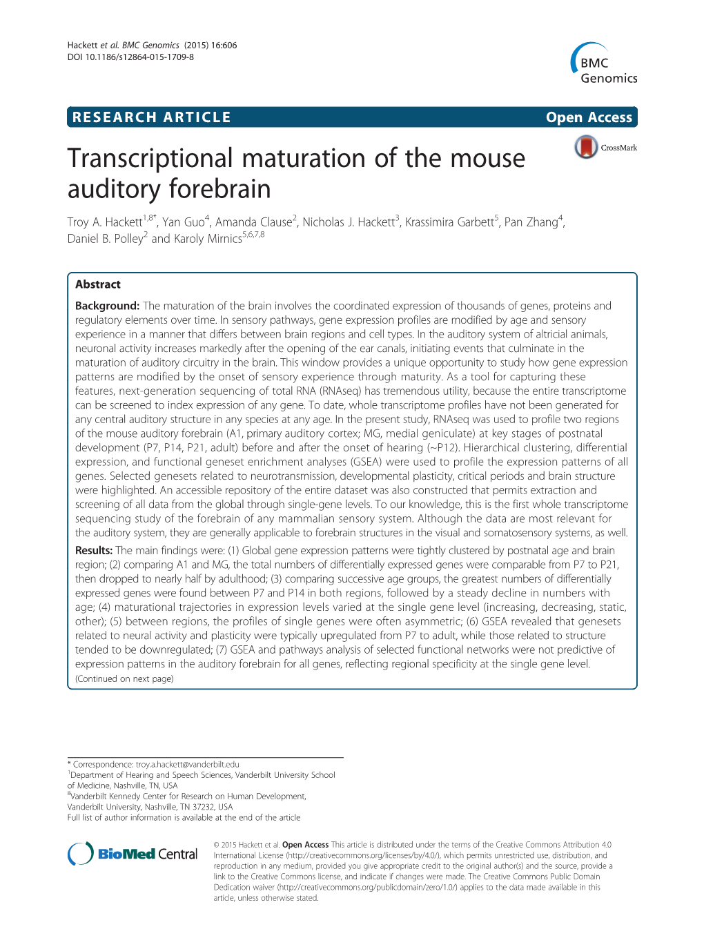 Transcriptional Maturation of the Mouse Auditory Forebrain Troy A