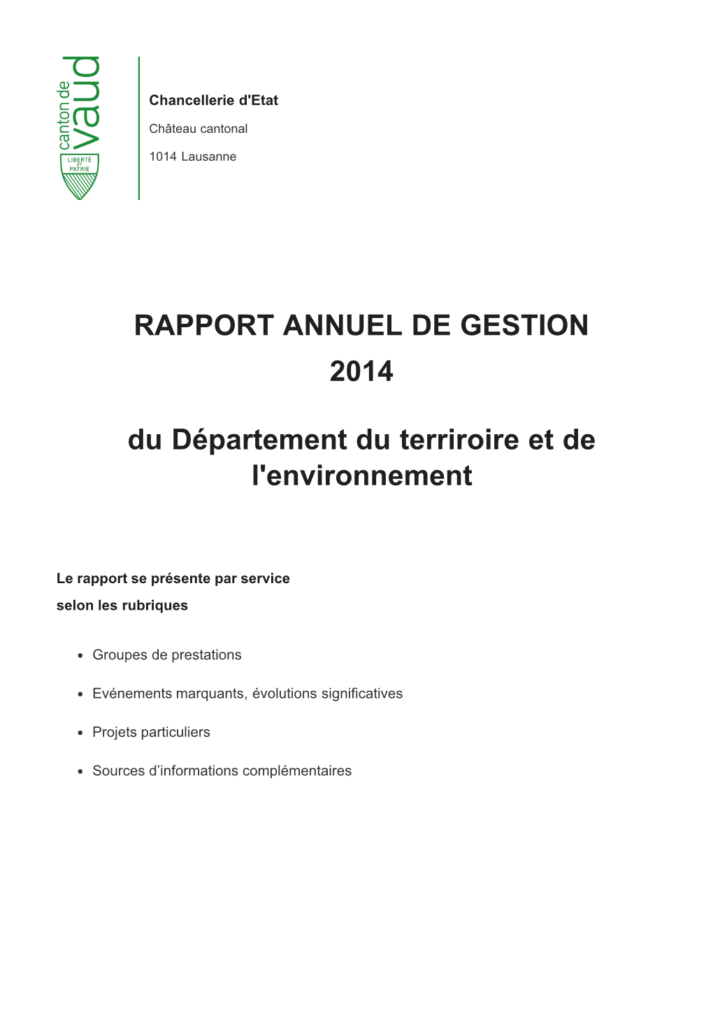 Rapport Annuel De Gestion 2014 Du Département Du Territoire Et De L