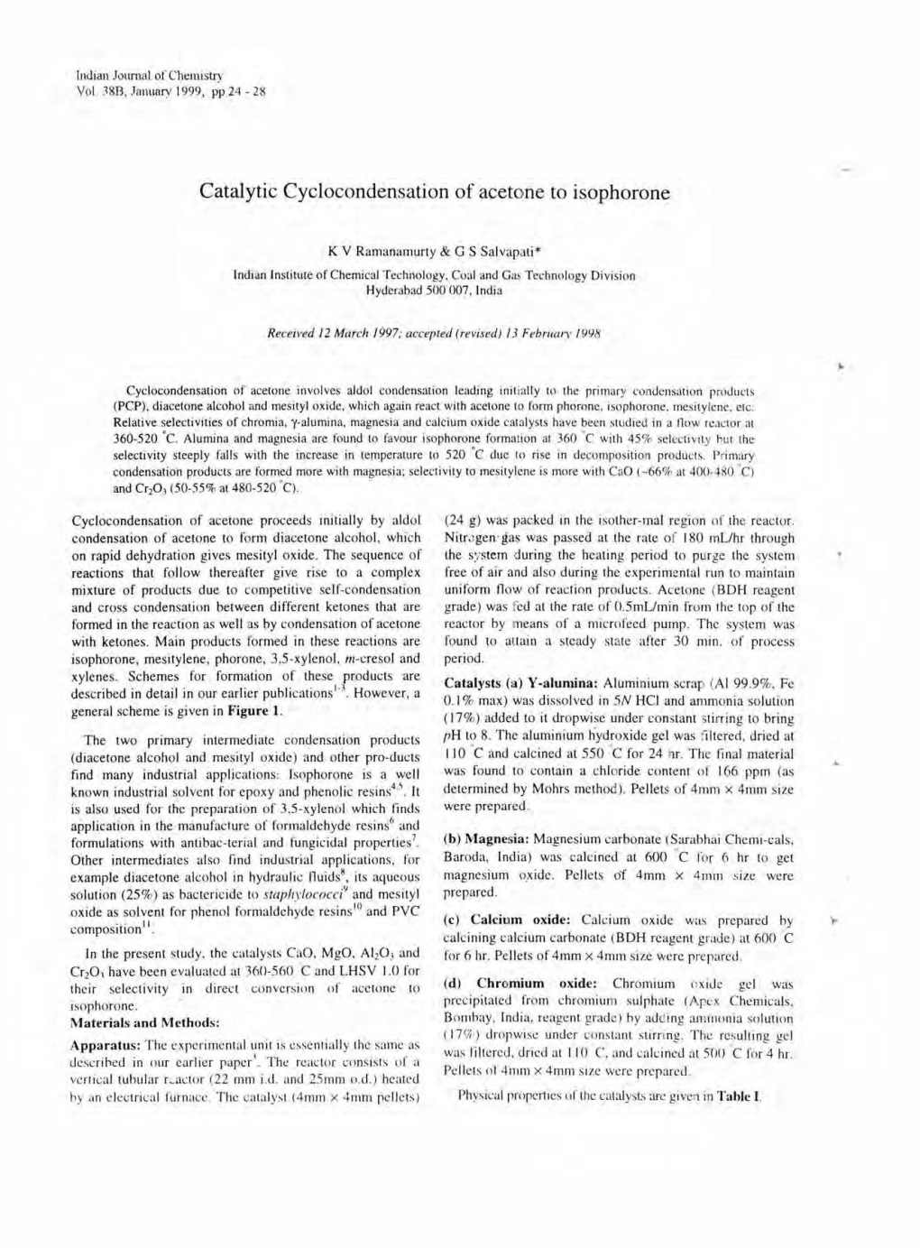 Catalytic Cyclocondensation of Acetone to Isophorone