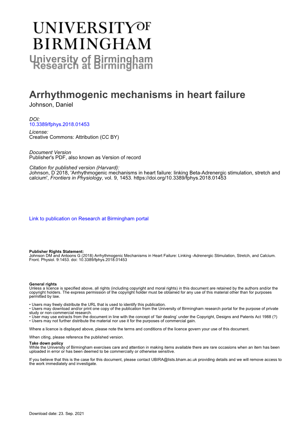Arrhythmogenic Mechanisms in Heart Failure Johnson, Daniel