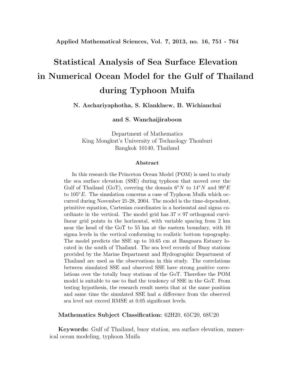 Statistical Analysis of Sea Surface Elevation in Numerical Ocean Model for the Gulf of Thailand During Typhoon Muifa