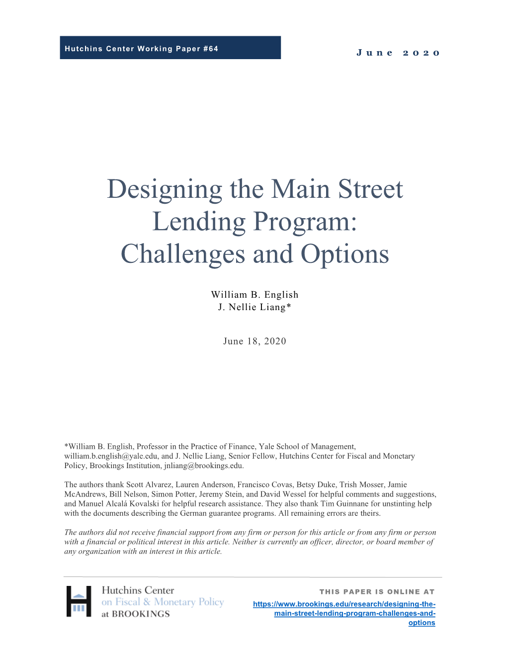 Designing the Main Street Lending Program: Challenges and Options