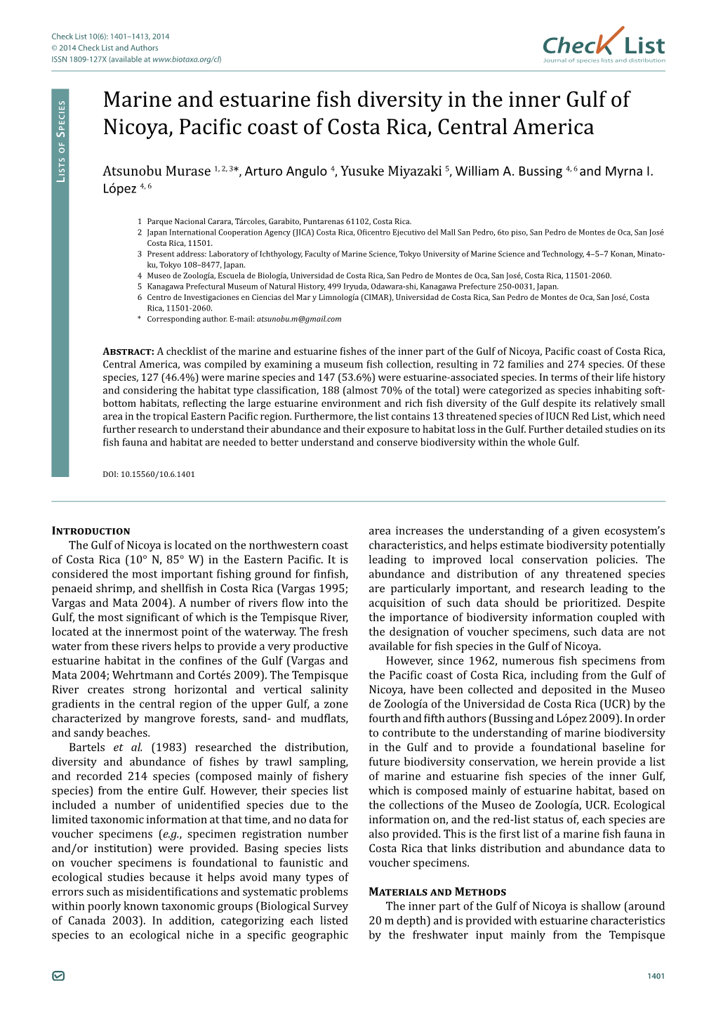 Chec List Marine and Estuarine Fish Diversity in the Inner Gulf of Nicoya