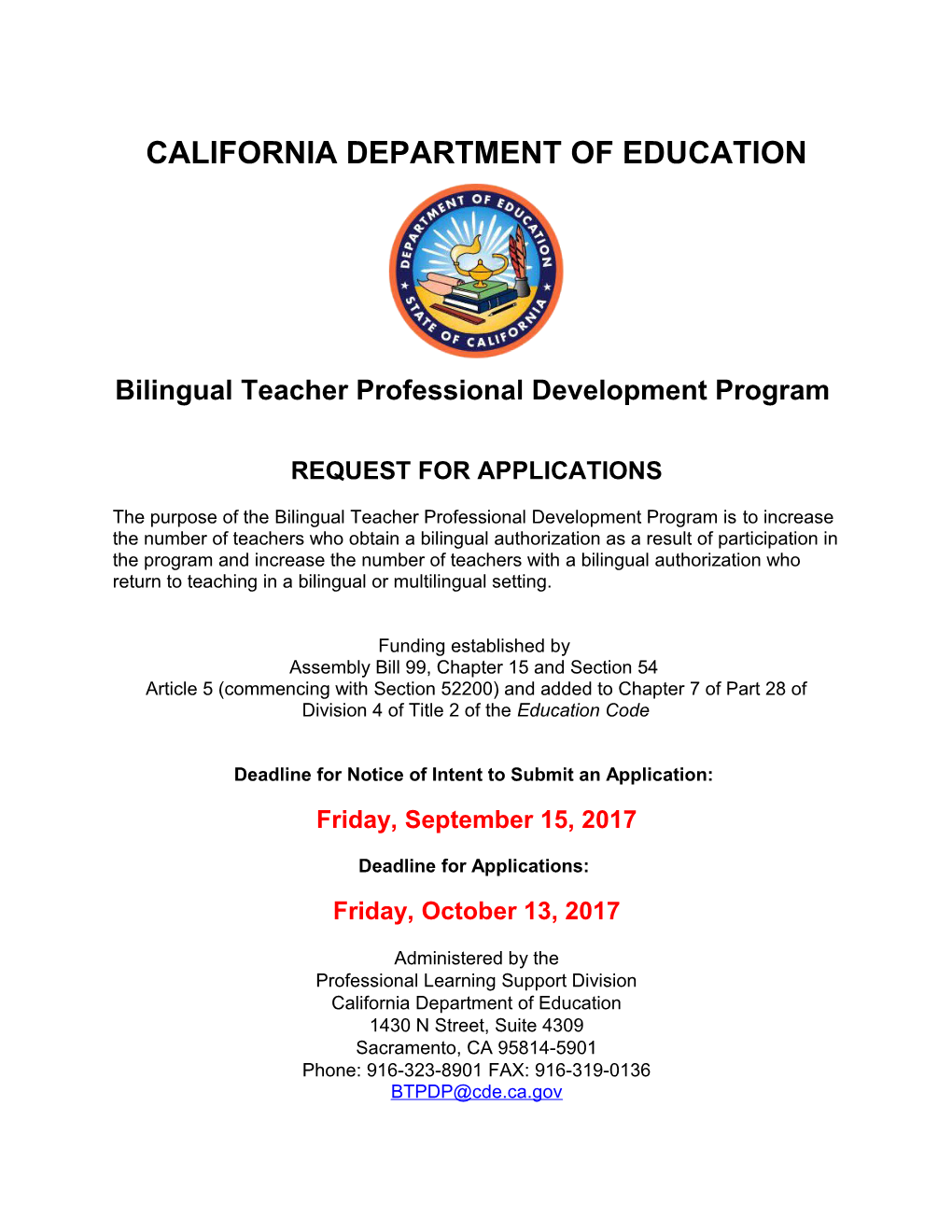 RFA BTPDP - Funding (CA Dept of Education)
