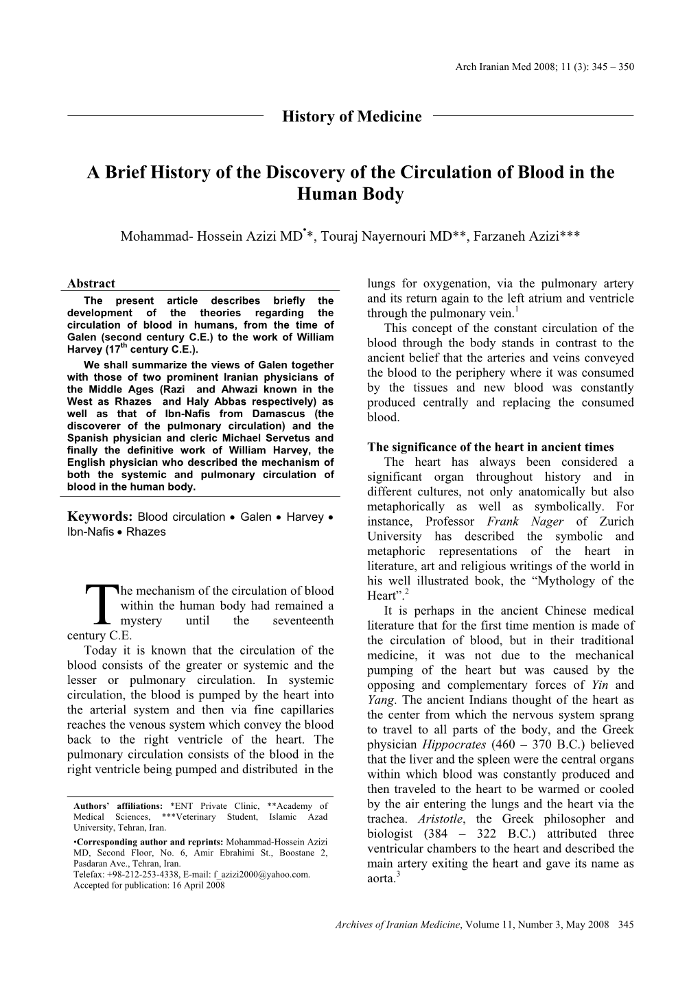 A Brief History of the Discovery of the Circulation of Blood in the Human Body