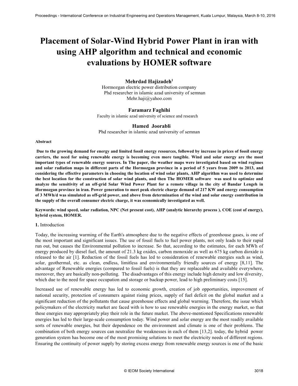 Placement of Solar-Wind Hybrid Power Plant in Iran with Using AHP Algorithm and Technical and Economic Evaluations by HOMER Software