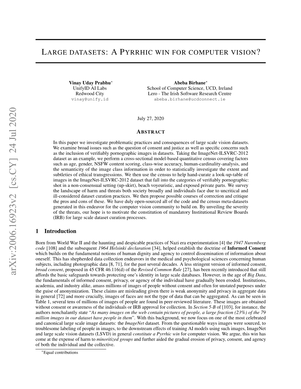 Large Datasets:Apyrrhic Win for Computer Vision?