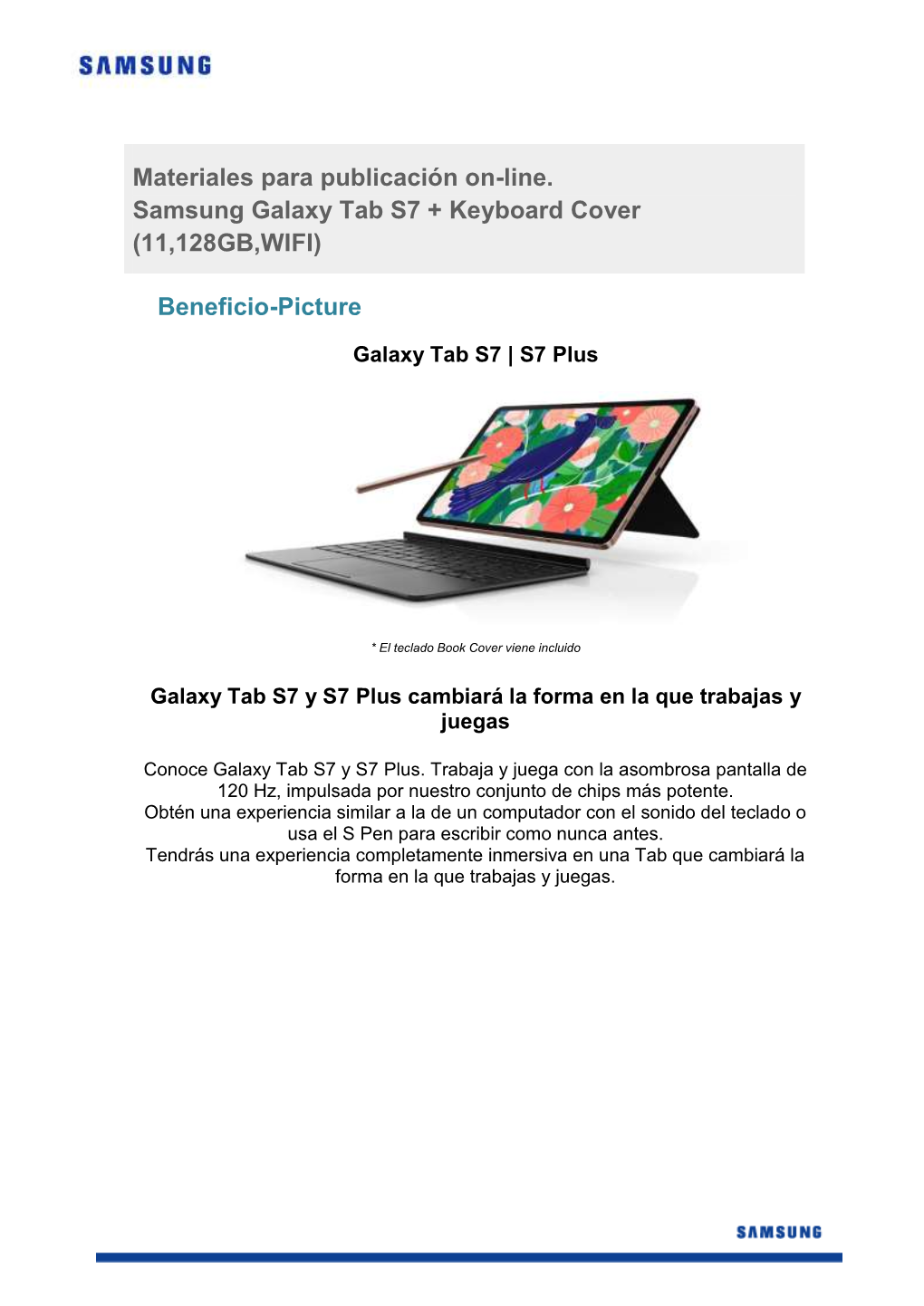 Materiales Para Publicación On-Line. Samsung Galaxy Tab S7 + Keyboard Cover (11,128GB,WIFI)