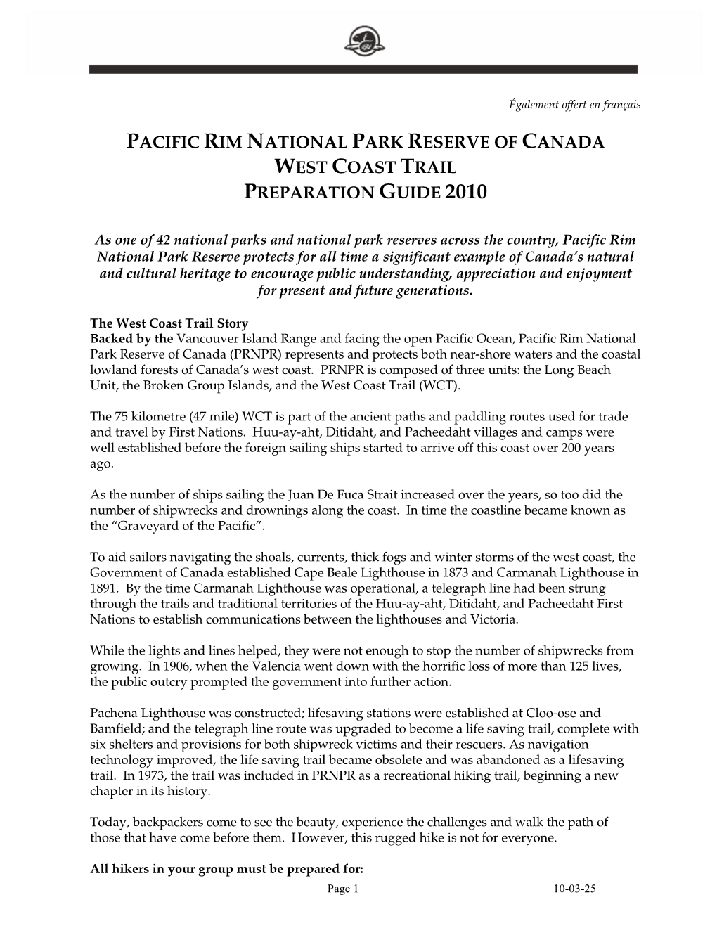 Pacific Rim National Park Reserve of Canada West Coast Trail Preparation Guide 2010