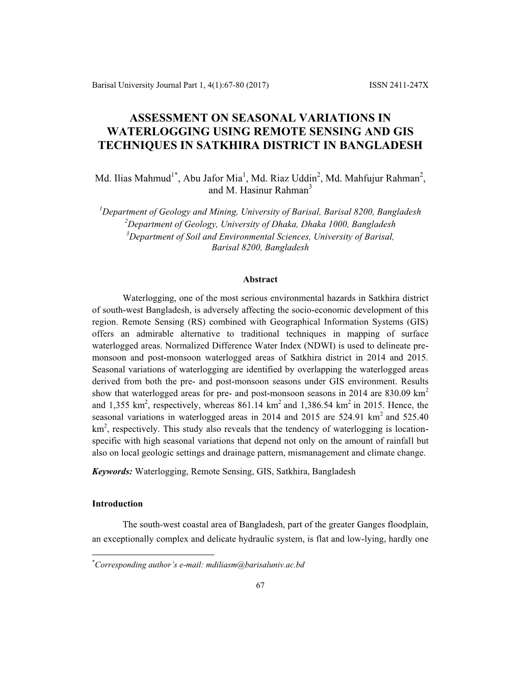 Assessment on Seasonal Variations in Waterlogging Using Remote Sensing and Gis Techniques in Satkhira District in Bangladesh