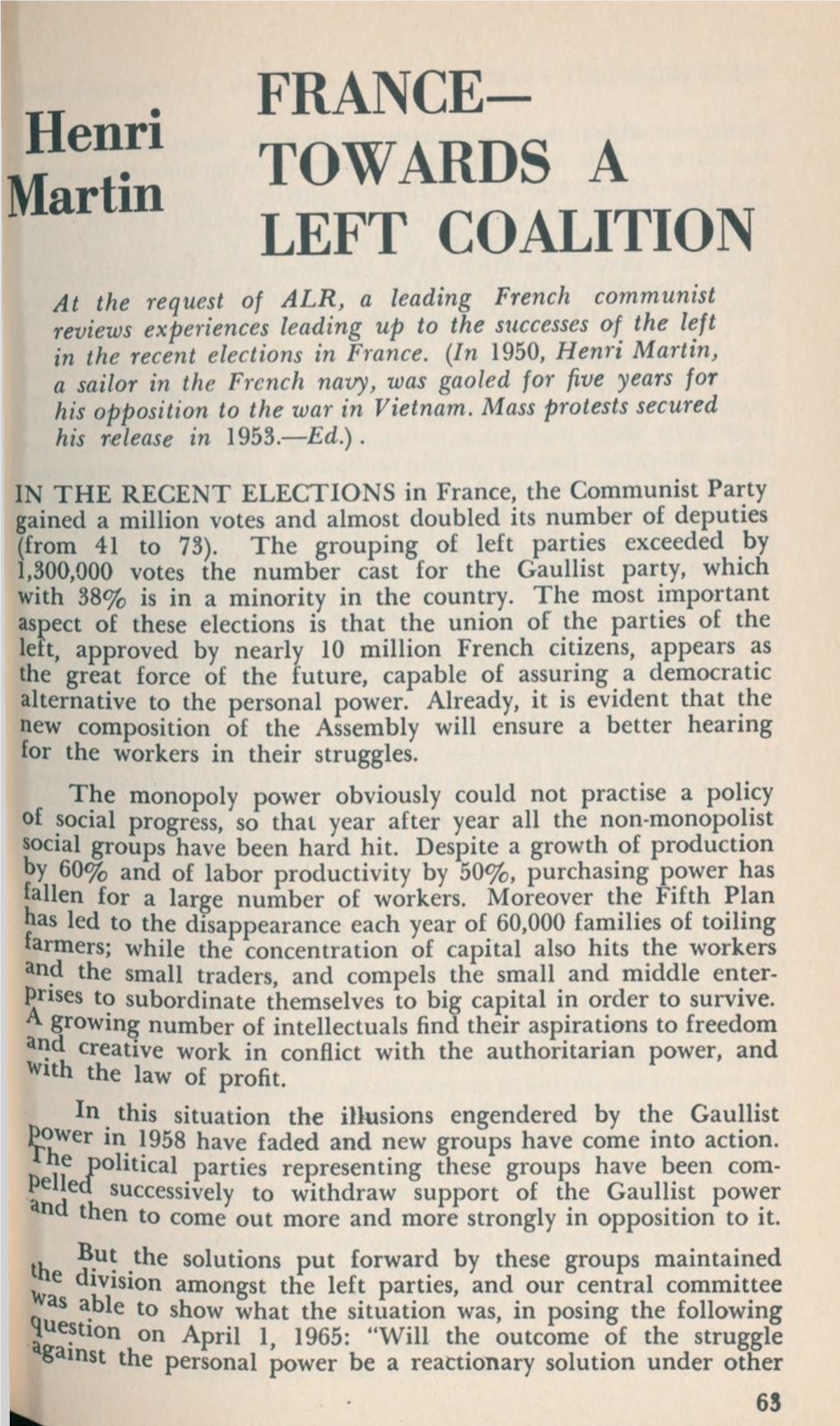 FRANCE- Henri Martin TOWARDS a LEFT COALITION