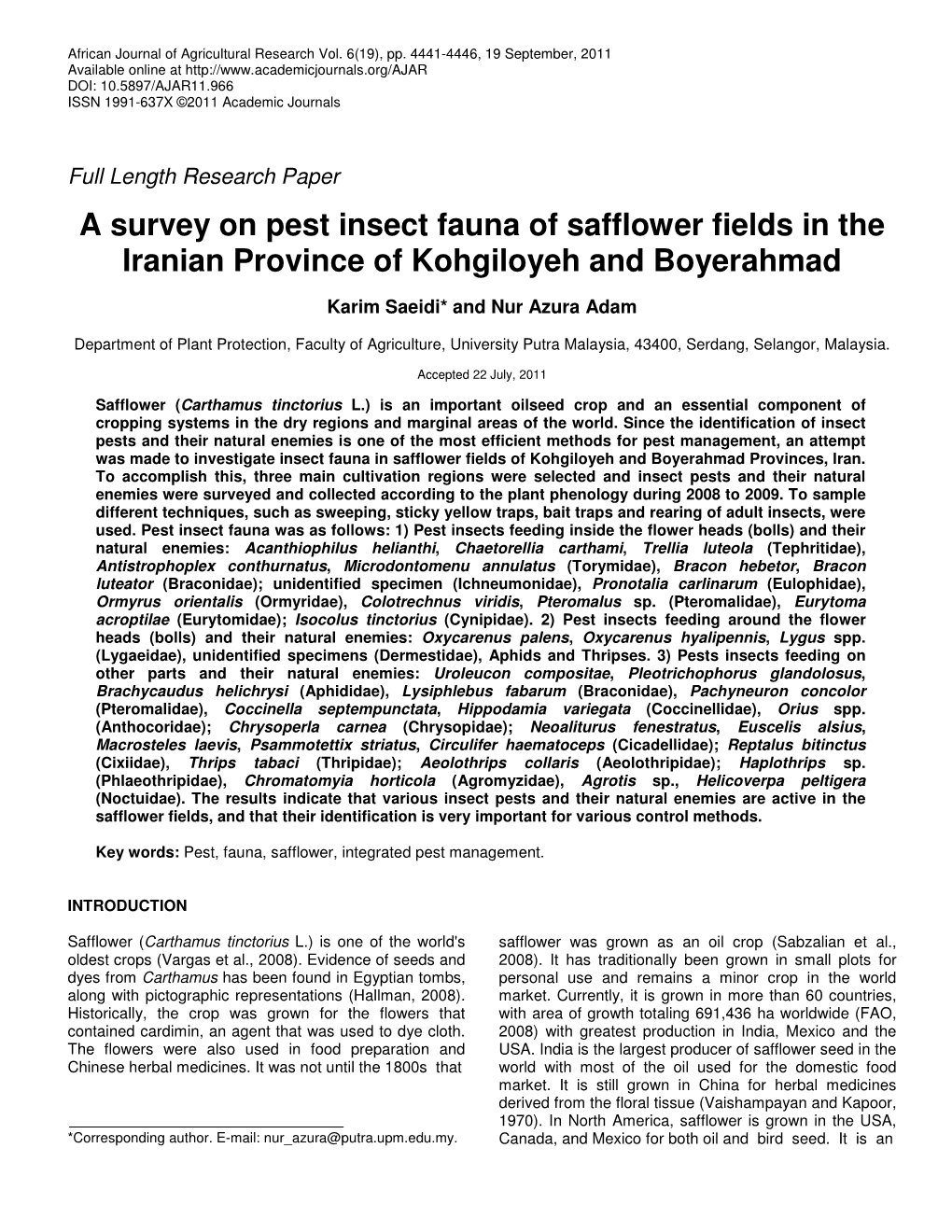 A Survey on Pest Insect Fauna of Safflower Fields in the Iranian Province of Kohgiloyeh and Boyerahmad
