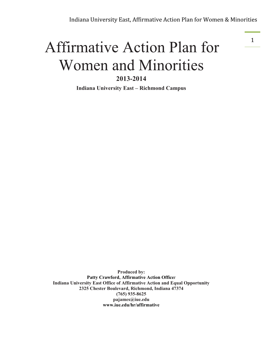 Indiana University East, Affirmative Action Plan for Women & Minorities