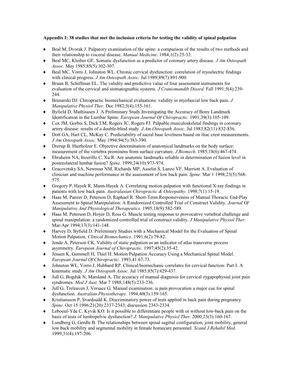 Appendix I: 38 Studies That Met the Inclusion Criteria for Testing the Validity of Spinal