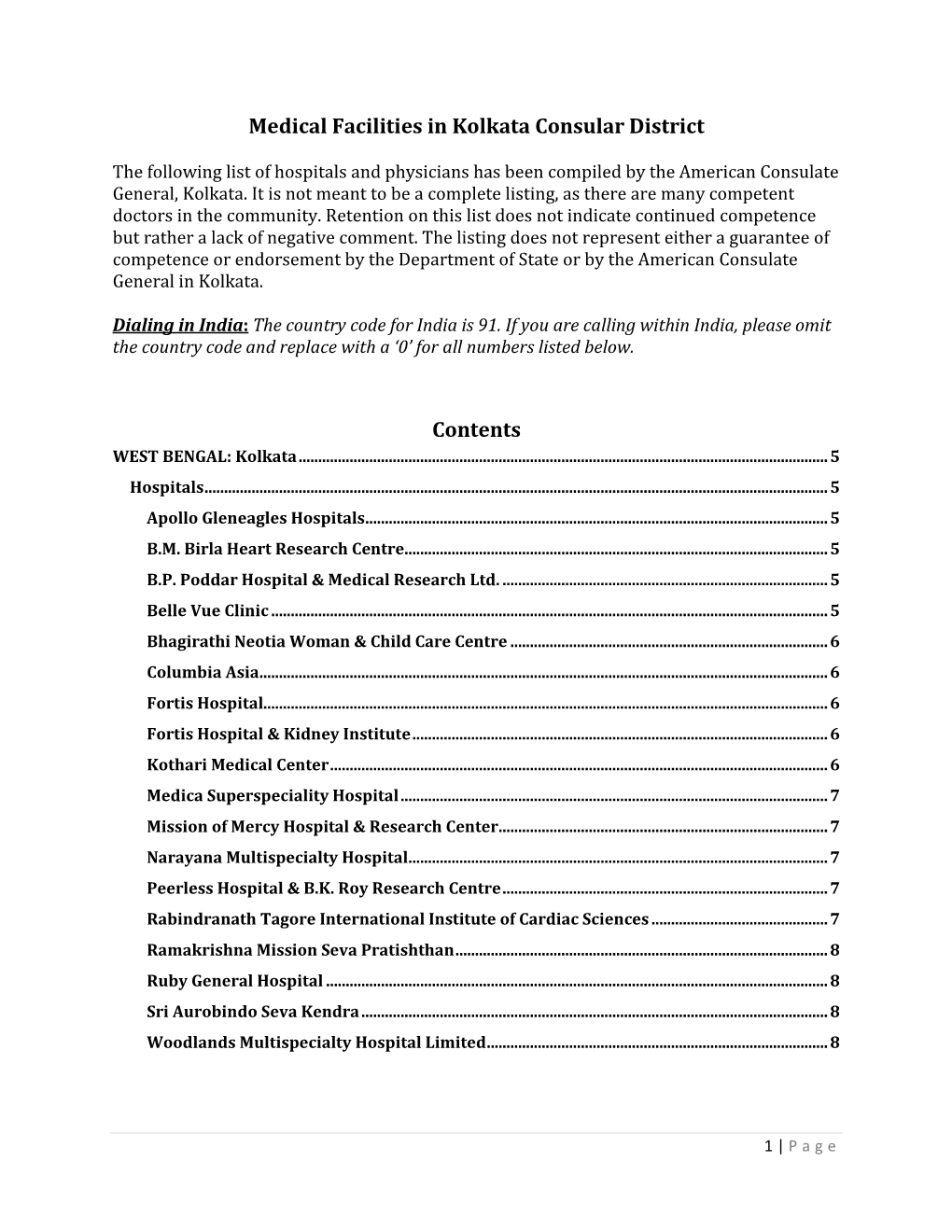 Medical Facilities in Kolkata Consular District Contents