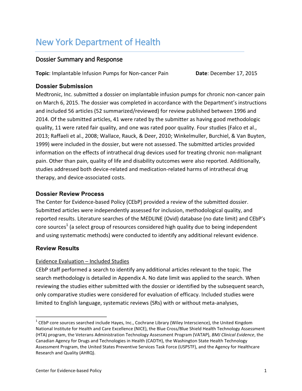 Implantable Infusion Pumps for Non-Cancer Pain Date: December 17, 2015