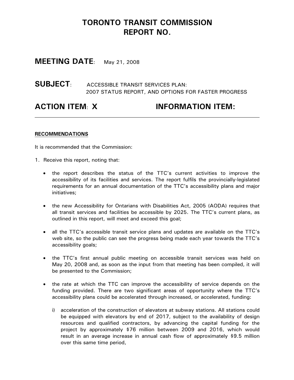 Toronto Transit Commission Report No. Meeting Date