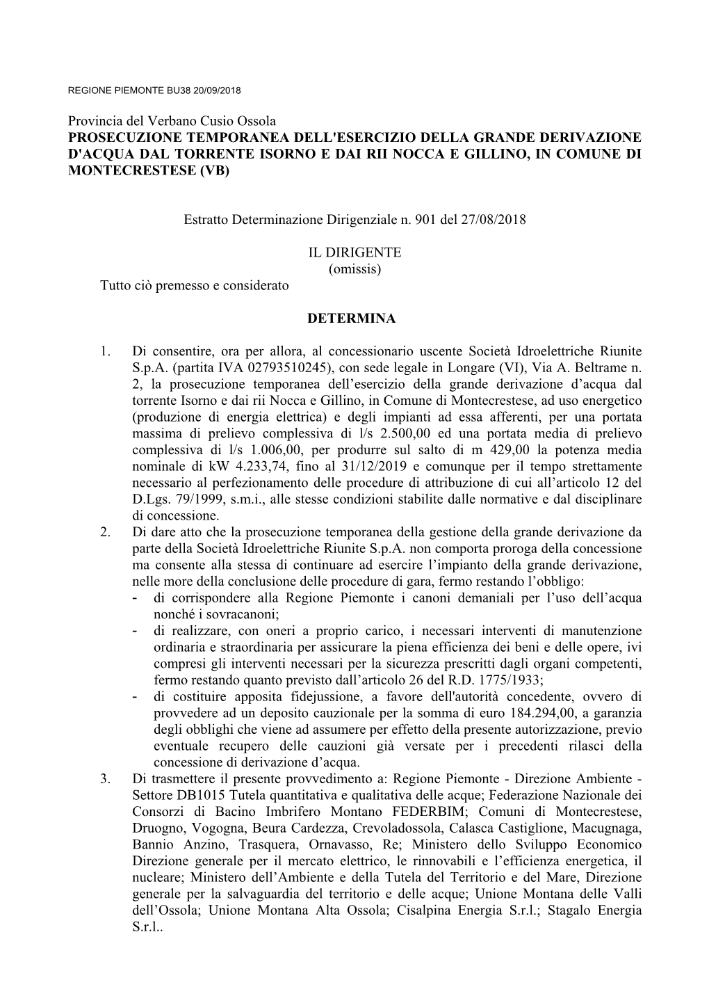 Provincia Del Verbano Cusio Ossola PROSECUZIONE TEMPORANEA