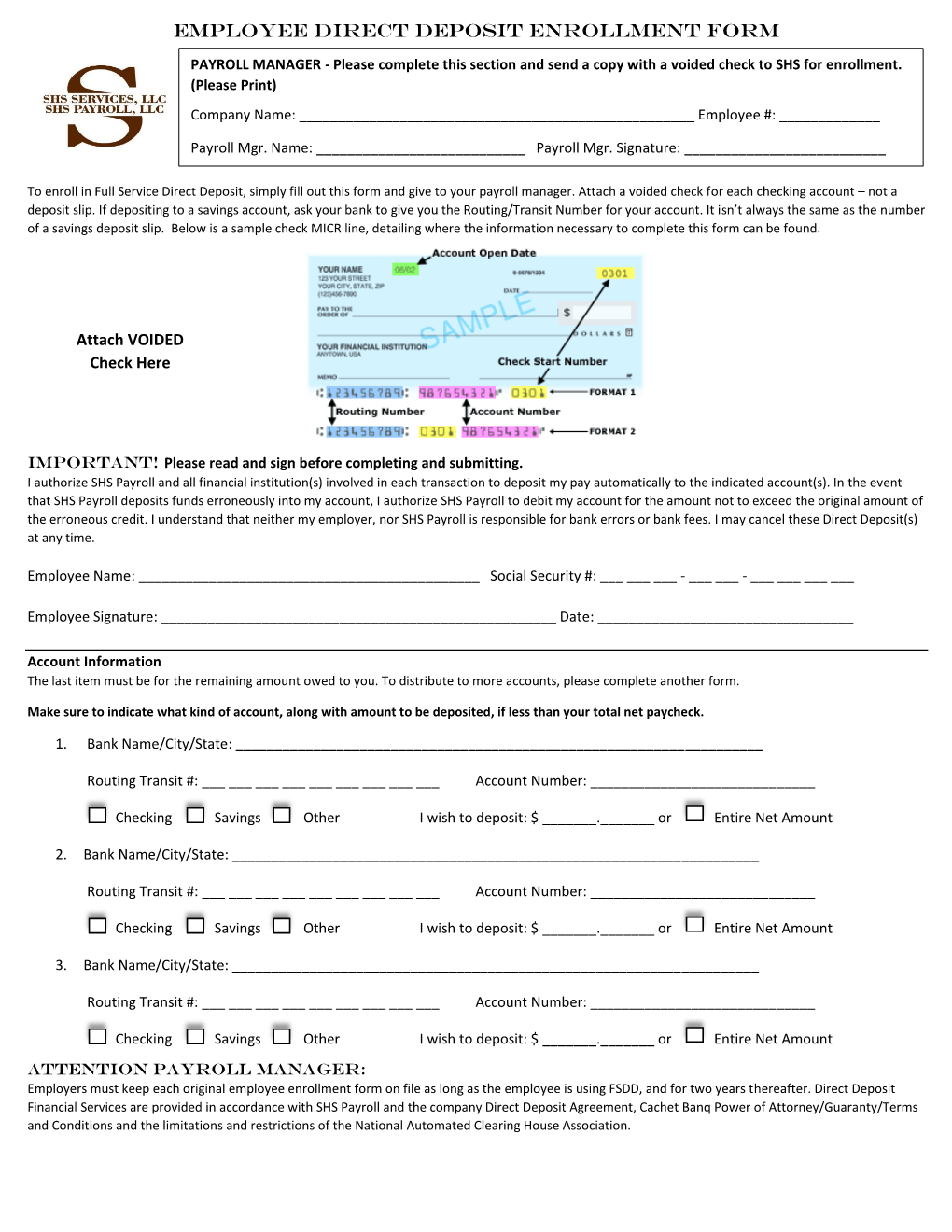 Direct Deposit Employee Enrollment Form