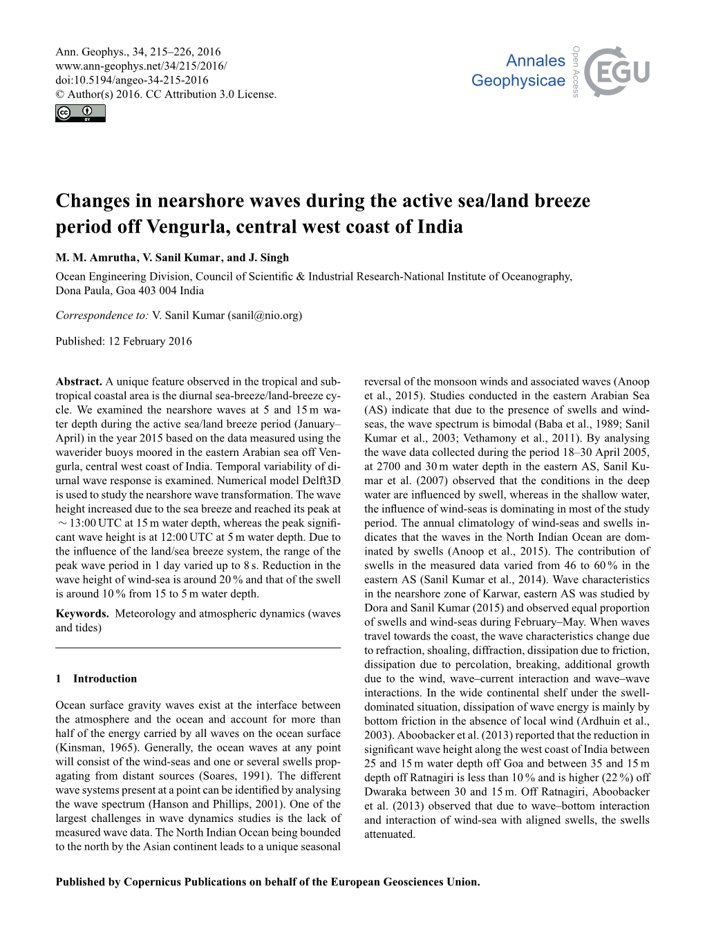 Changes in Nearshore Waves During the Active Sea/Land Breeze Period Off Vengurla, Central West Coast of India